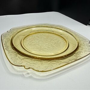 Vintage Federal Depression Glass Amber Yellow Square Madrid Luncheon Plate 8"